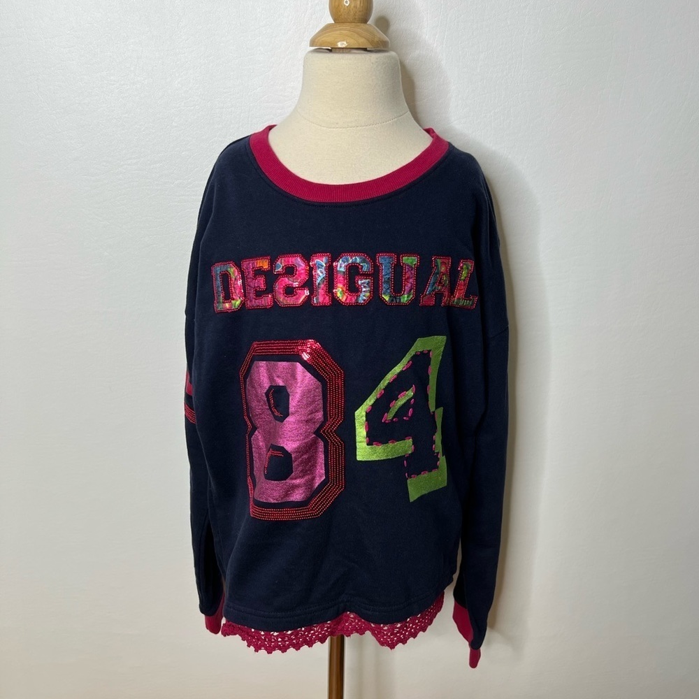 Desigual girls navy blue magenta 84 sweatshirt eyelet trim sz 11/12